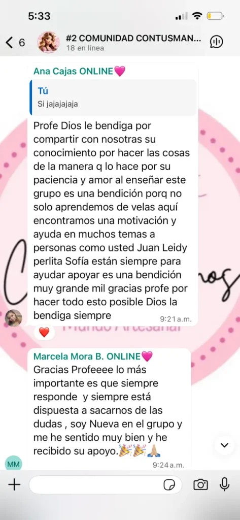 Testimonios de Ana Cajas y Marcela Mora en la comunidad del curso de velas de Stefany Querubín