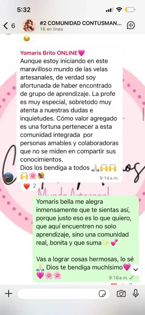 Testimonio de Yomaris en el grupo de WhatsApp del curso Ilumina y Crea Velas Artesanales